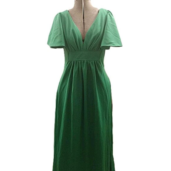 Vintage 70s Maxi Dress Green Size 13/14 Formal Plunge Neckline - Picture 1 of 11